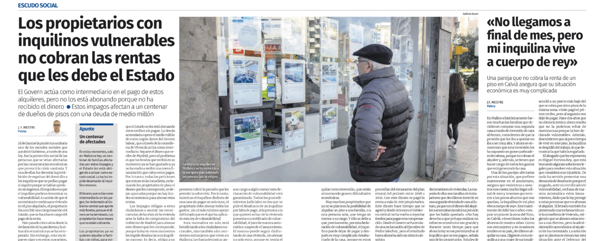 Artículo sobre inquilinos vulnerables en Diario de Mallorca